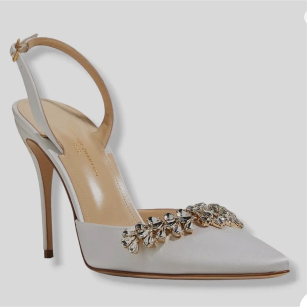 Jennifer Chamandi white silk slingback jeweled pumps size 38.5
